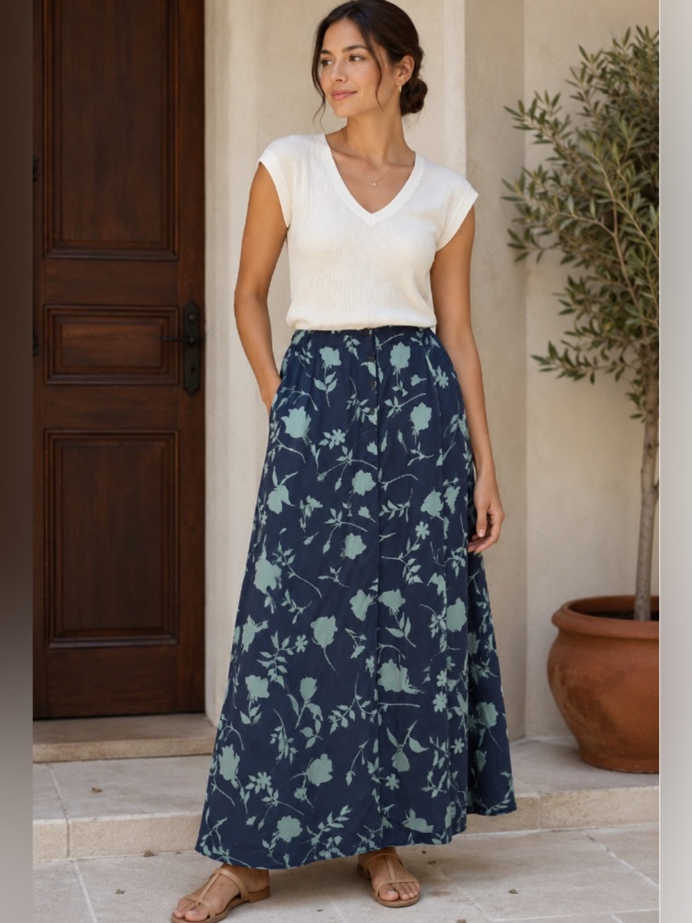Limited Silk Navy Floral A-Line Skirt - Blue Mint Print 12
